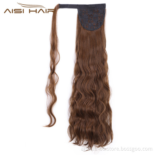 Aisi Hair Heat Resistant Synthetic Fiber Ponytail Hair Extensions Brown Long Wavy Pony Tail Clips In Hairpieces